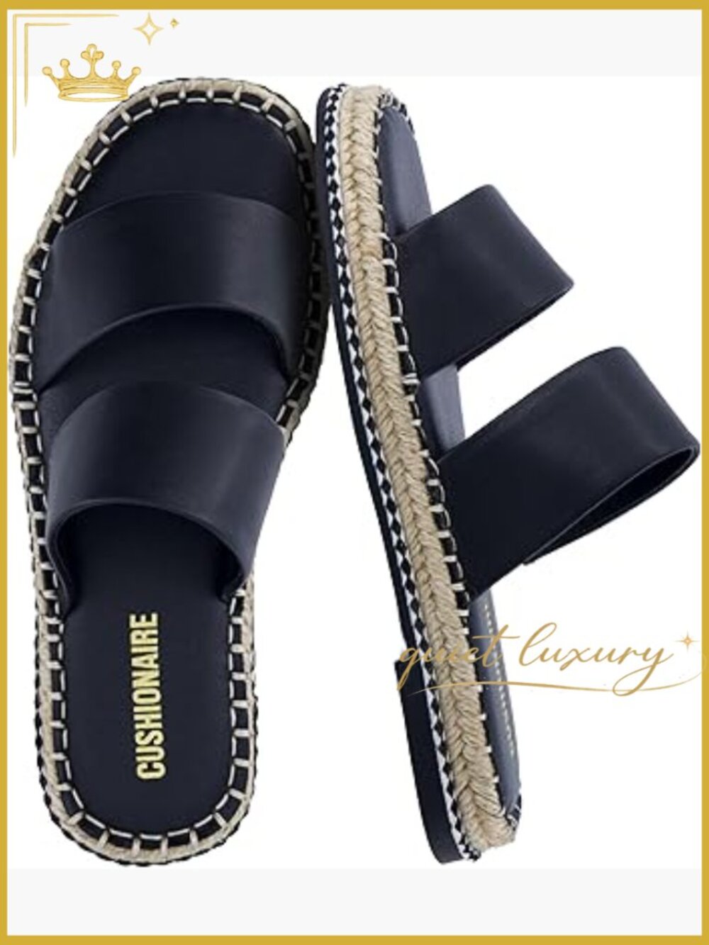 Women's Espadrille Slide Sandals, Faux Leather Double Strap, Cushioned Footbed